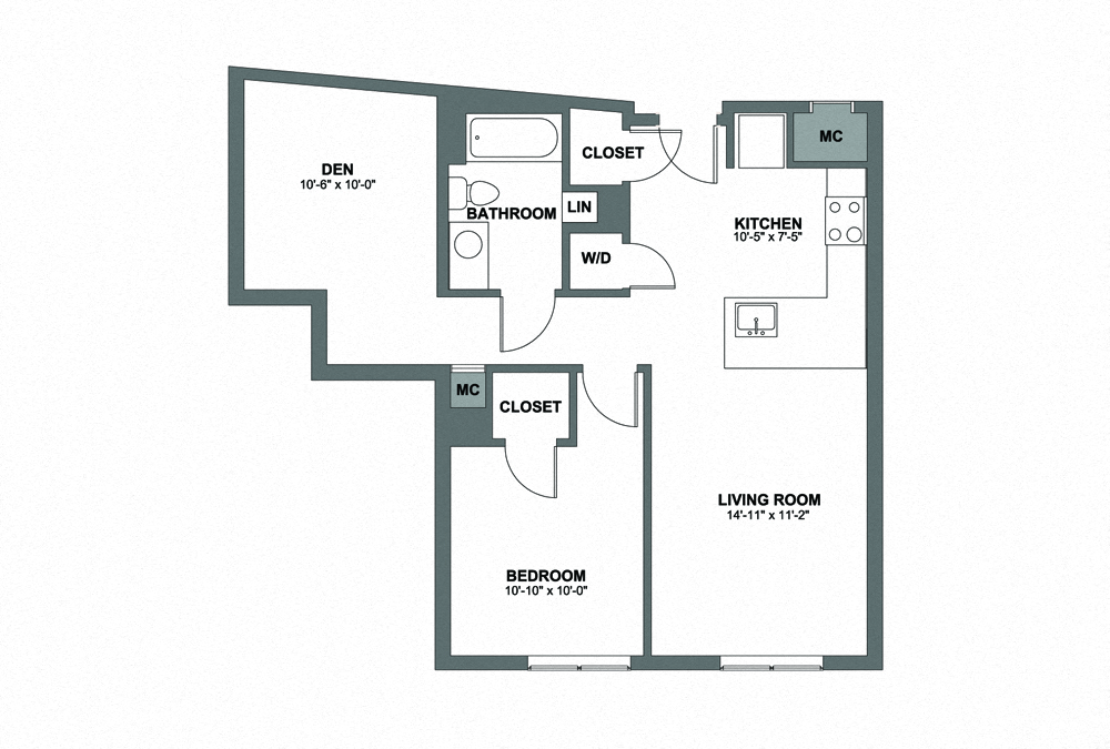 Floor plan for 1 bed, 1 bath, 763 sqft